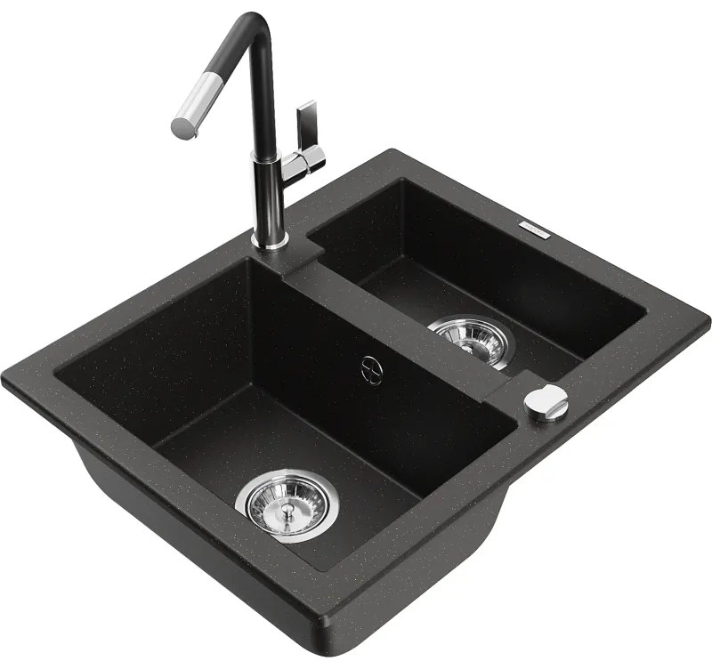 Mexen Carlos, 1,5-komorový granitový drez 582x475x177 mm a drezová batéria Flora, čierna-zlatá metalíza, 6518-75-670401-07