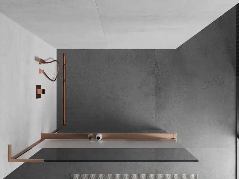 Mexen Kioto+ L, sprchová zástena Walk-In s poličkou a vešiakom 110 x 200 cm, 8mm číre sklo-námraza, medený matný profil, 800-110-123-65-35