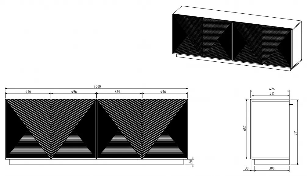 Komoda Asha 200 cm s drážkovaným čelom - matná čierna