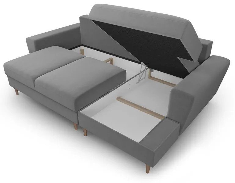 Svetlosivá zamatová rozkladacia/s úložným priestorom rohová pohovka (pravý roh/s leňoškou) Kyoto – Cosmopolitan Design