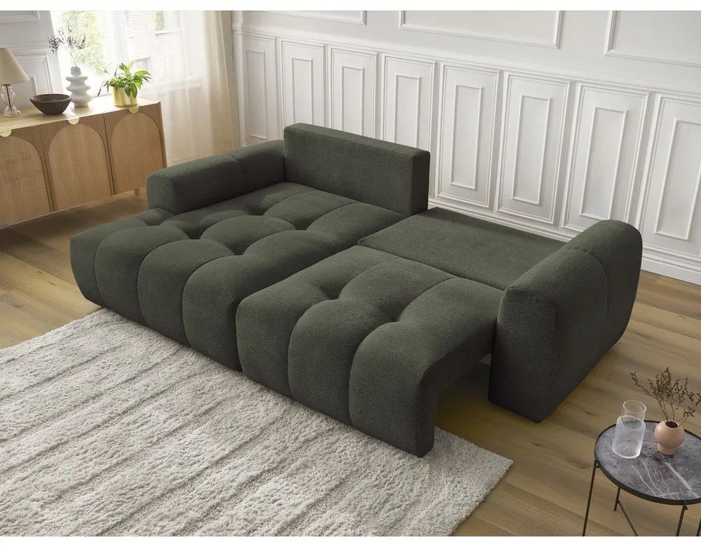 Kaki ženilková rozkladacia/s úložným priestorom rohová pohovka (ľavý roh/s leňoškou) Roxelane – Bobochic Paris