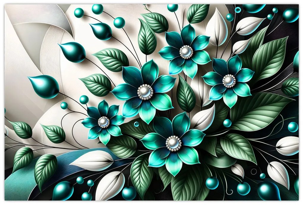 Obraz - 3D tyrkysové kvety (90x60 cm)