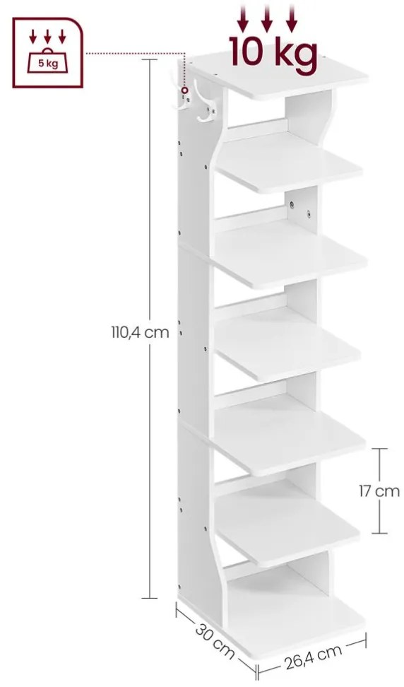 Vasagle Botník CINDY, 6 úrovní, 30x26,4x110,4cm, biela