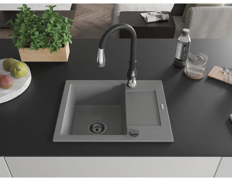 Mexen Enzo, 1-komorový granitový drez 576x465x174 mm a drezová batéria Savita, šedá, 6506-71-672601-70-B