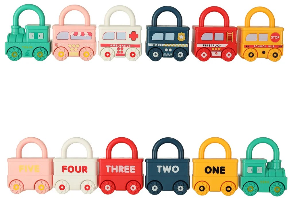 KIK Montessori senzorická hračka: 6 autíčok s visiacimi zámkami – učí farby a čísla 18m+
