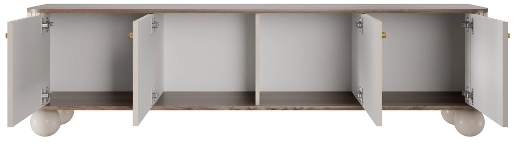 TV skrinka Vesper 4D 187 cm - kašmír / orech / zlaté úchytky / guľové nohy