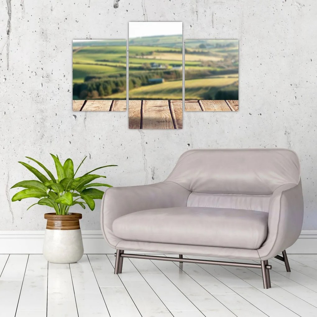 Obraz - Drevená polica s krajinou (90x60 cm)