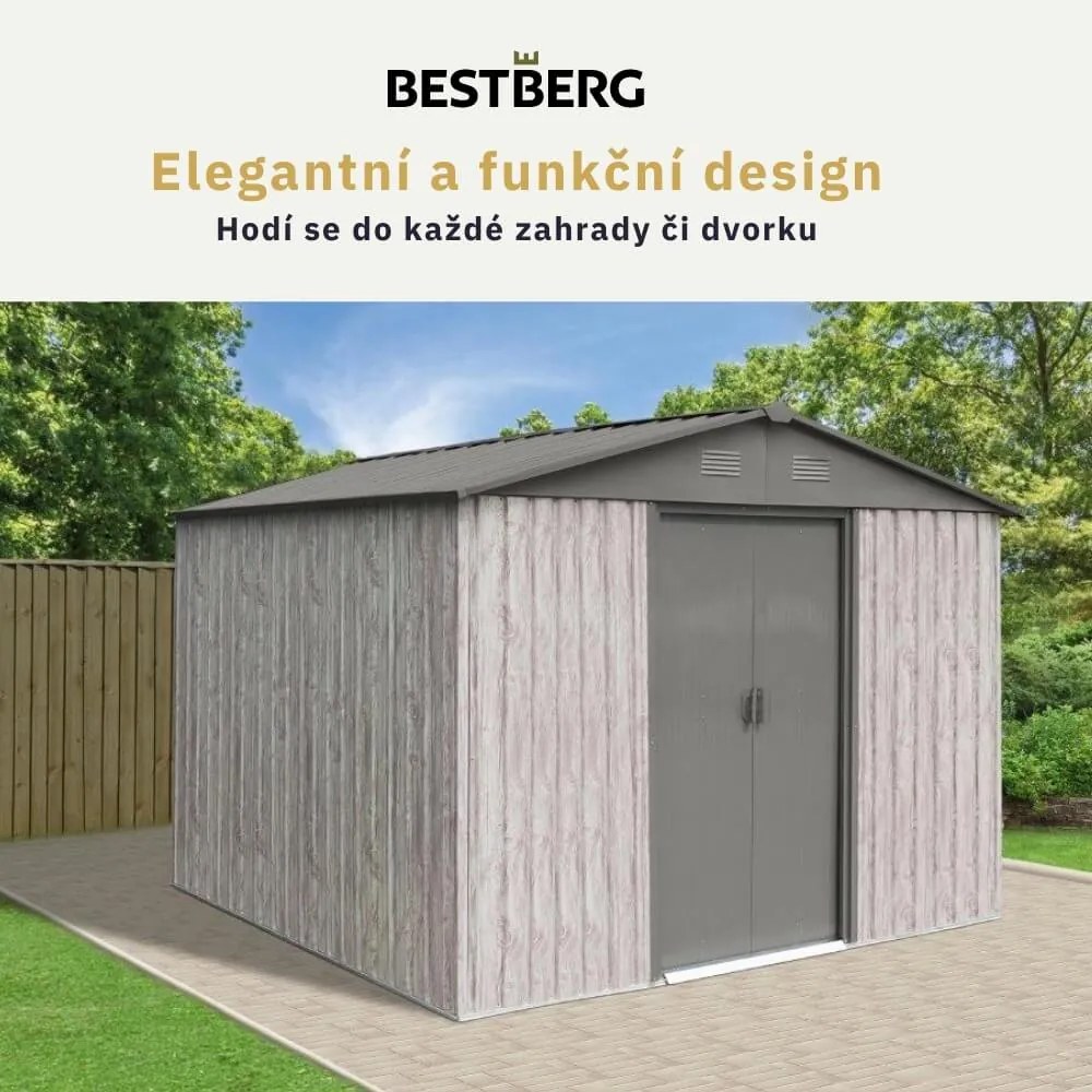 Záhradný domček BestBerg ZDB-7SD / 7,2 m² / 301 x 238 x 214 cm / dekor biele drevo / sivá