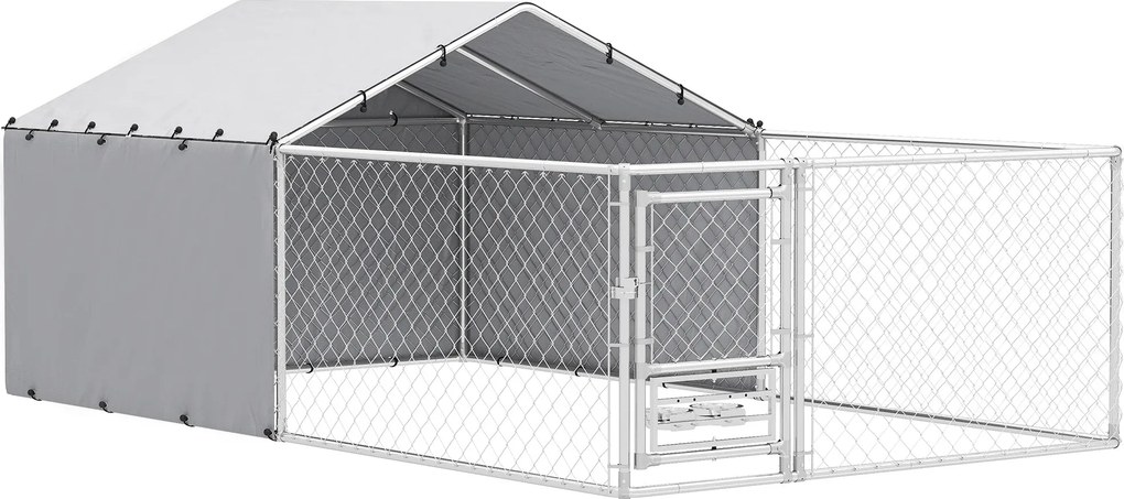 Kotec pre psov PawHut s UV-odolnou vodotesnou strechou a otáčacími miskami, Kotec pre stredných a veľkých psov s oceľovými zámkami, 400x230x150 cm, St