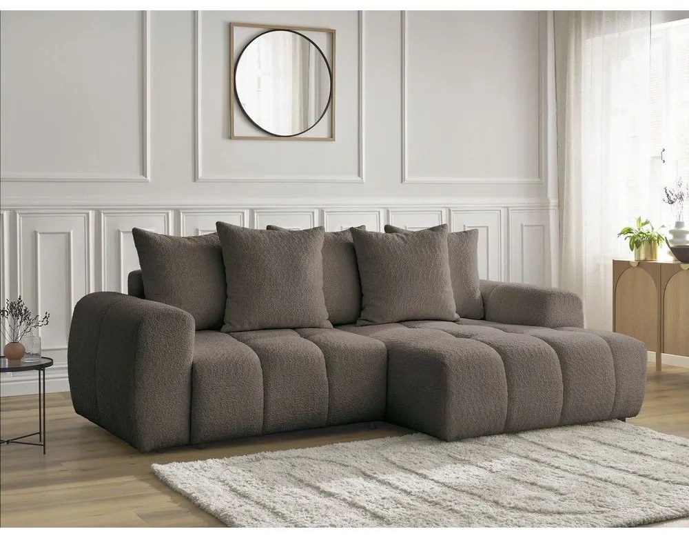 Hnedá rozkladacia/s úložným priestorom rohová pohovka z textílie buklé (pravý roh/s leňoškou) Roxelane – Bobochic Paris