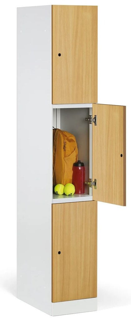 Šatníková skrinka S1 s úložnými boxmi, 3 boxy, 1850 x 300 x 500 mm, zámok s čítačkou RFID kariet, laminované dvere, biela