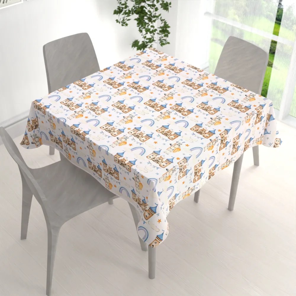 Biante Detský bavlnený štvorcový obrus Sandra SA-666 Modro-hnedé hrady a rytieri na bielom 140x140 cm