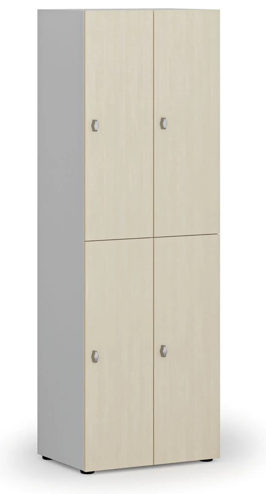 Drevená šatníková skrinka s úložnými boxmi, 4 boxy, otočný zámok, sivá/breza