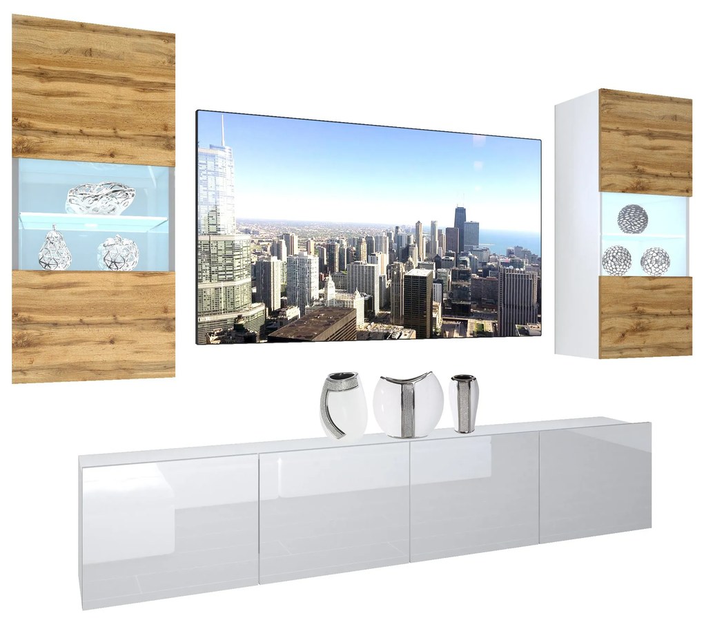 Obývacia stena Belini Premium Full Version dub wotan / biely lesk + LED osvetlenie Nexum 103