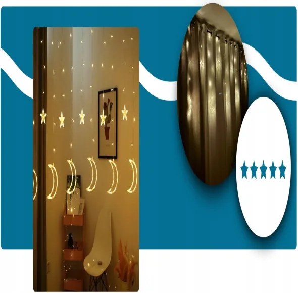 Dekoračný svetelný záves mesiaca a hviezdy