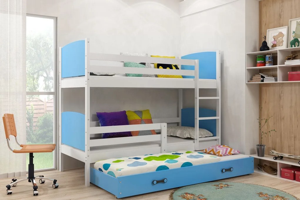 Poschodová posteľ s prístelkou TAMI 3 - 200x90cm - BIELA - MODRÁ