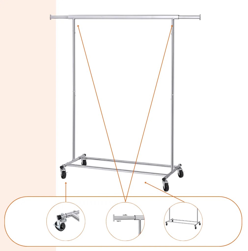 Stojan na oblečenie INEZ na kolieskach, max. 90 kg, 83,5x45x160cm, strieborná Jurhan