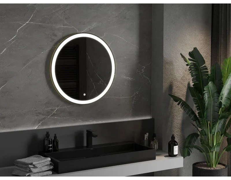 Mexen Esso, okrúhle LED podsvietené kúpeľňové zrkadlo 70 cm, 6000K, vykurovacia podložka proti zahmlievaniu, zlatý rám, 9825-070-070-611-50