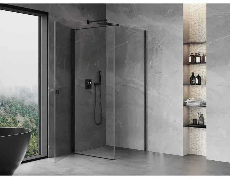 Mexen Mist-B, 1-krídlový výklopný sprchový kút 70 x 70 cm, číre sklo, čierny profil, 8A2T-070-070-70-00