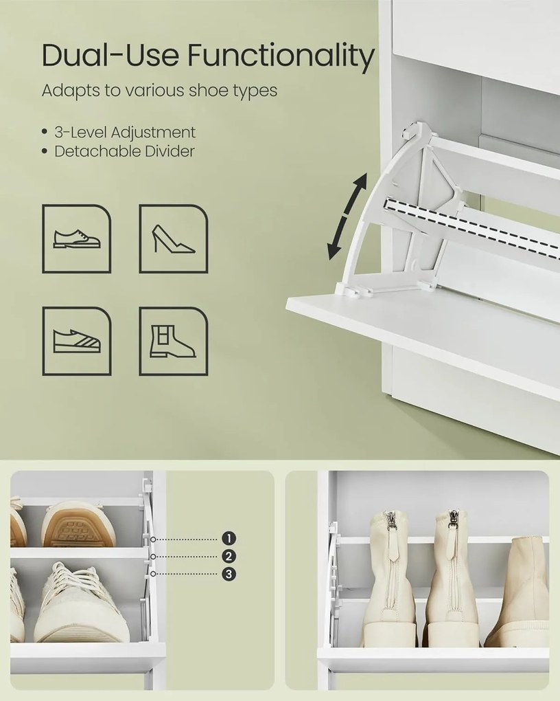 Botník s 2 výklopnými dvierkami, 3-úrovňový, 24 x 80 x 102 cm, biely