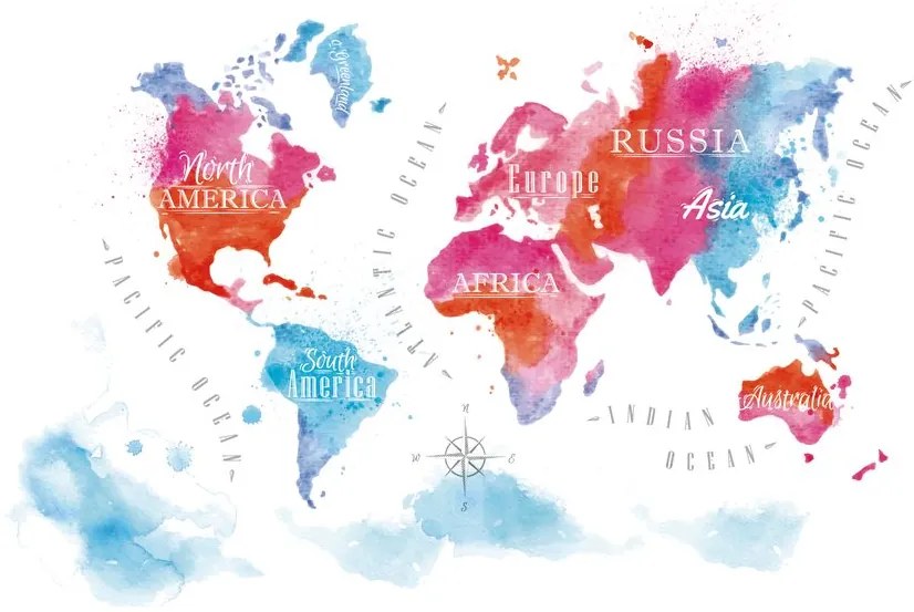 Samolepiaca tapeta mapa sveta v akvarelovom prevedení