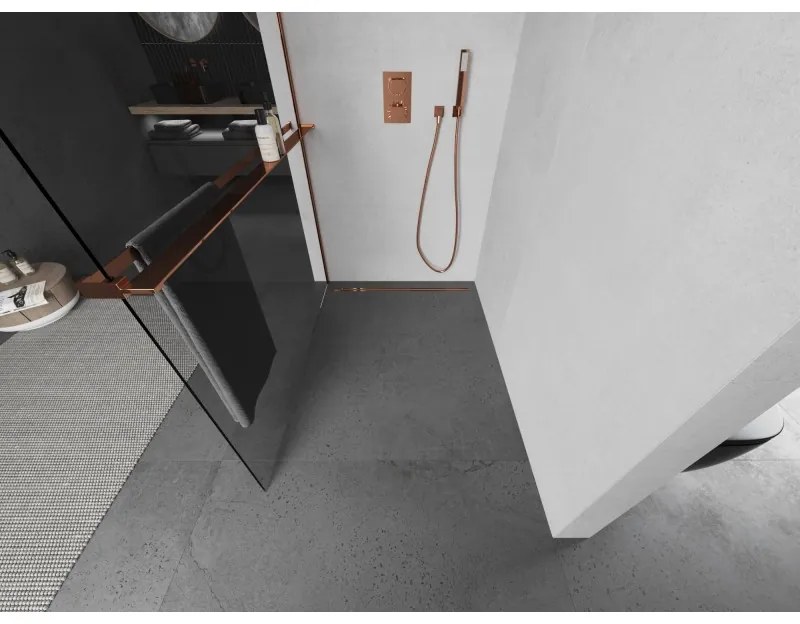 Mexen Kioto+ L, sprchová zástena Walk-In s poličkou a vešiakom 55 x 200 cm, 8mm číre sklo, ružové zlato profil, 800-055-123-60-00