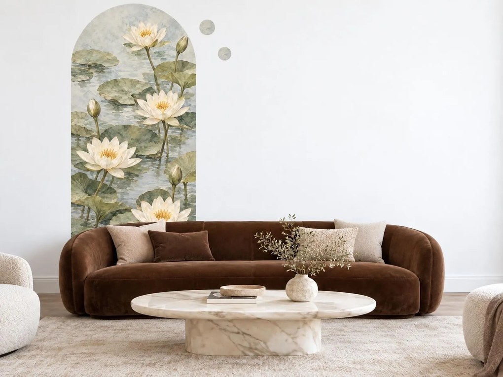 Biele lekná v oblúku akvarelové botanické nálepky na stenu do obývačky oblúk 20 x 46 cm