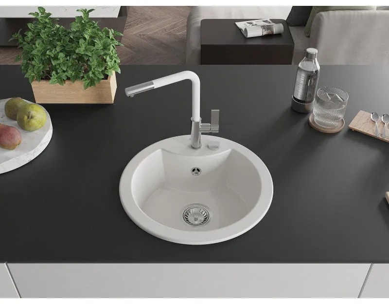 Mexen Diego, 1-komorový granitový drez 488x488x167 mm a drezová batéria Flora, biela, 6512-20-670401-02