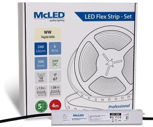 McLED LED páska - sada 4 m, 240 LED/m, WW, 6 W/m, DC 24V, 500 lm/m, CRI90, IP67, 10 mm, vodič 3 m ML-126.034.90.S04001