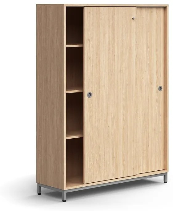 Skriňa s posuvnými dverami QBUS, 3 police, na nožičkách, s madlom, 1636x1200x400 mm, strieborná, dub