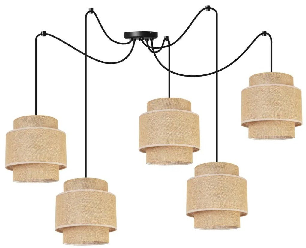 Závesné svietidlo Boho Spider, 5x jutové tienidlo, (výber z 2 farieb konštrukcie)
