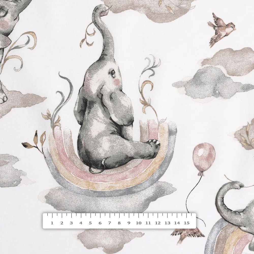 Biante Detský bavlnený behúň na stôl Sandra SA-462 Slony so sivohnedou dúhou na bielom 45x160 cm