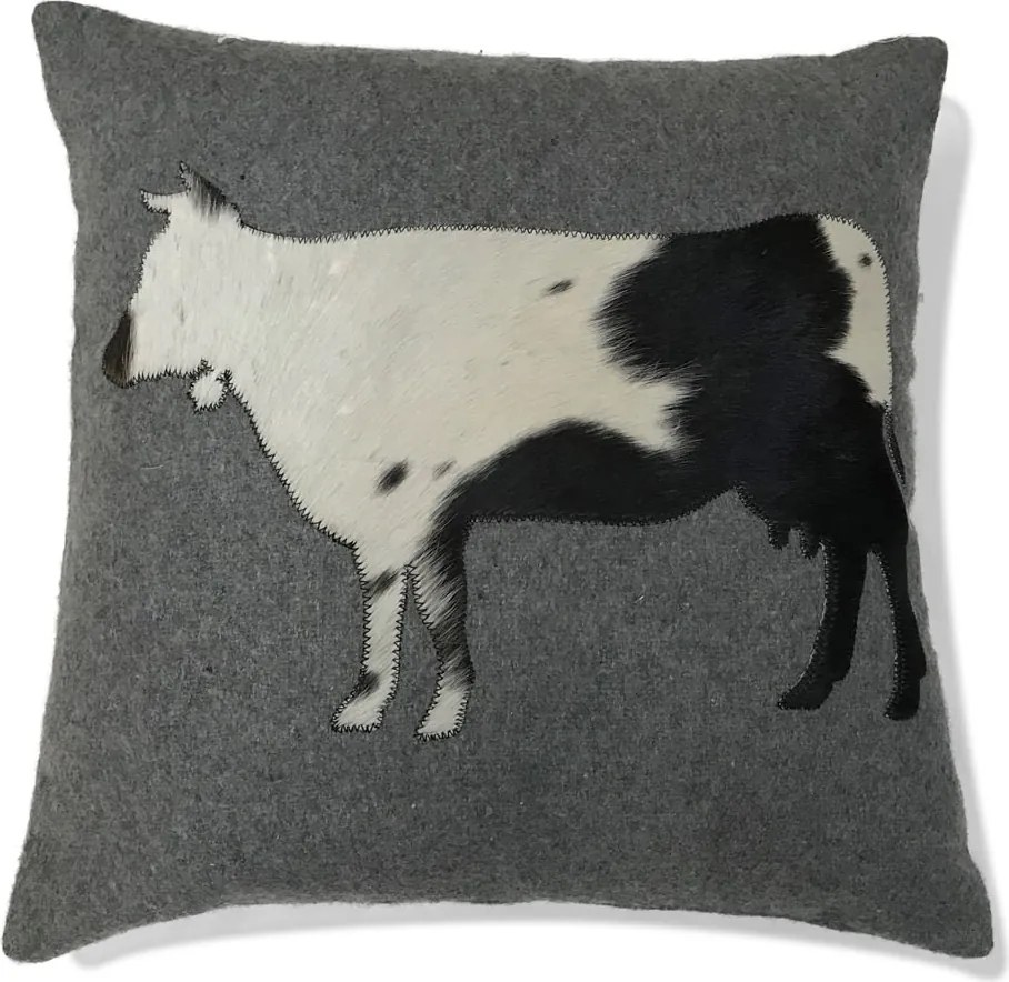 Šedý vlnený vankúš s kravou z hovädzej kože / bielo, čierna - 45 * 45 * 10cm