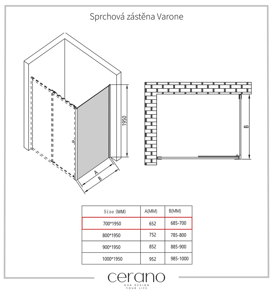 Cerano Varone, sprchovací kút s posuvnými dverami 110 (dvere) x 70 (stena) x 195 cm, 6mm číre sklo, chrómový profil, CER-CER-DY505-11070