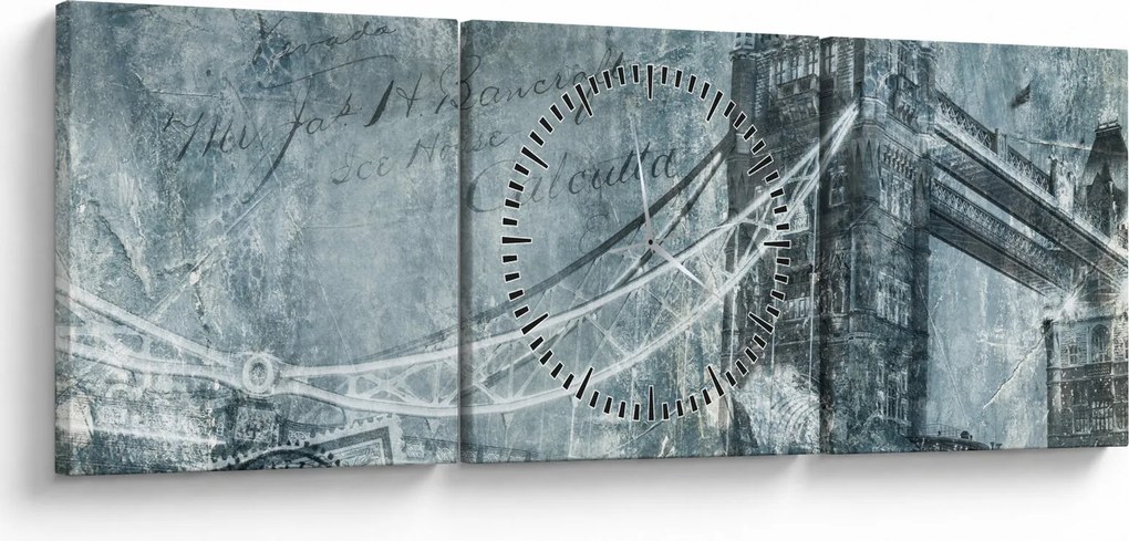Obraz - Tower Bridge v chladných tónoch (s hodinami) (90x30 cm)