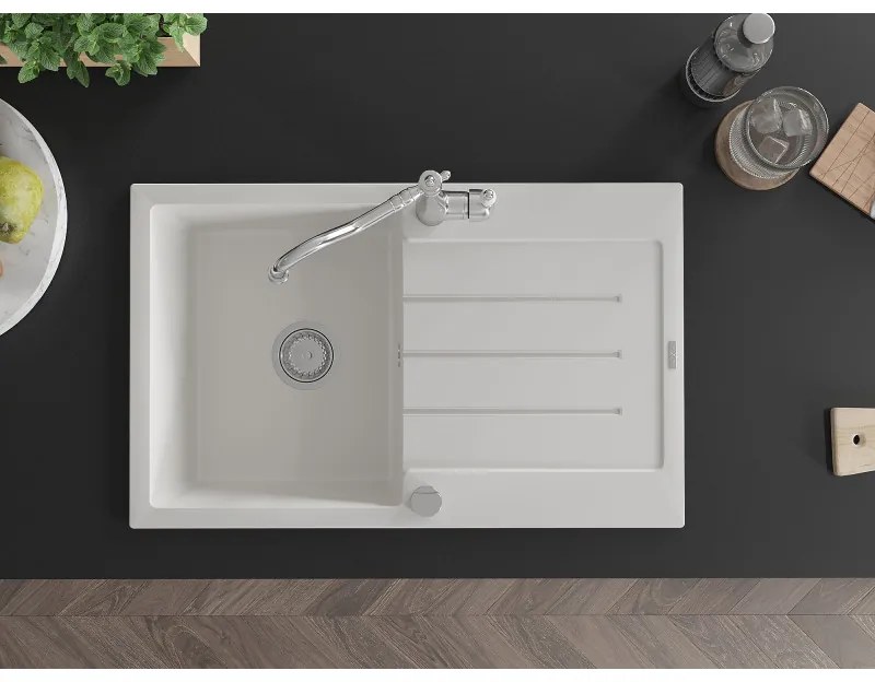 Mexen Bruno, granitový drez 795x495x200 mm, 1-komorový a drezová batéria Carla, biela, 6513-20-670700-00