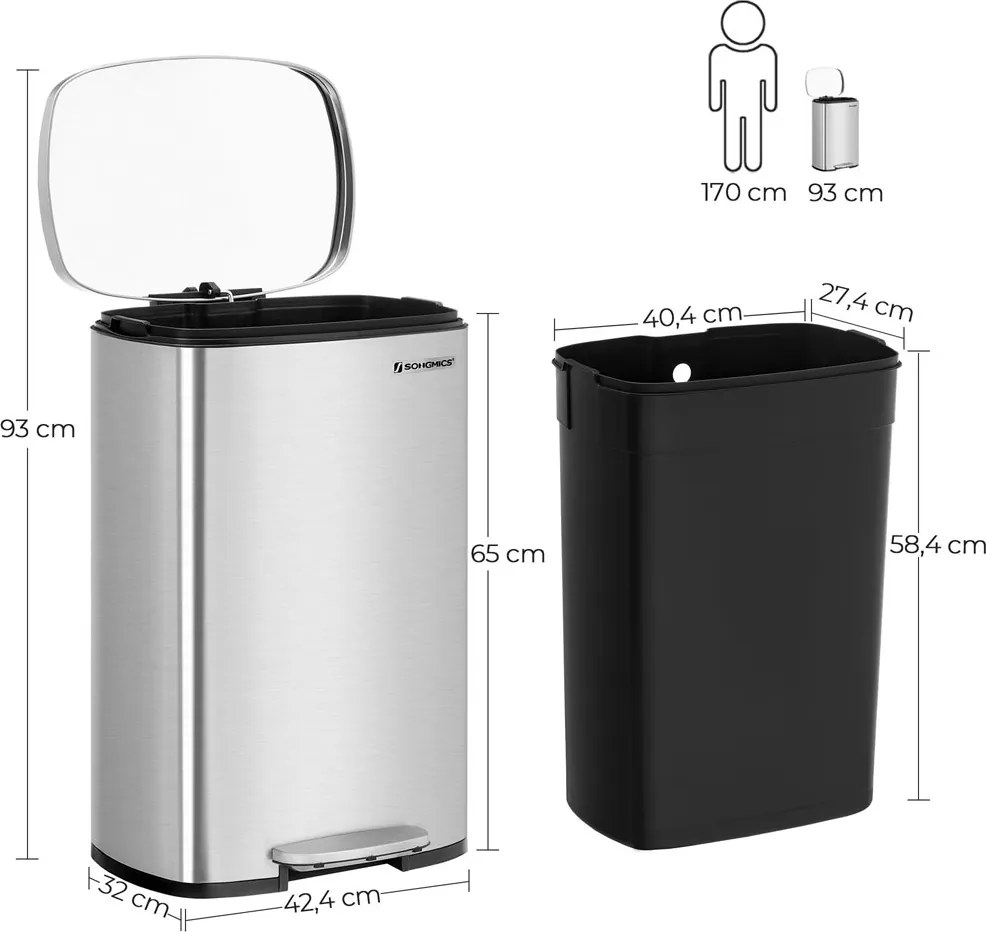 Odpadkový kôš s pomalým zatváraním TIDY, 50l, strieborná SongmicsHome