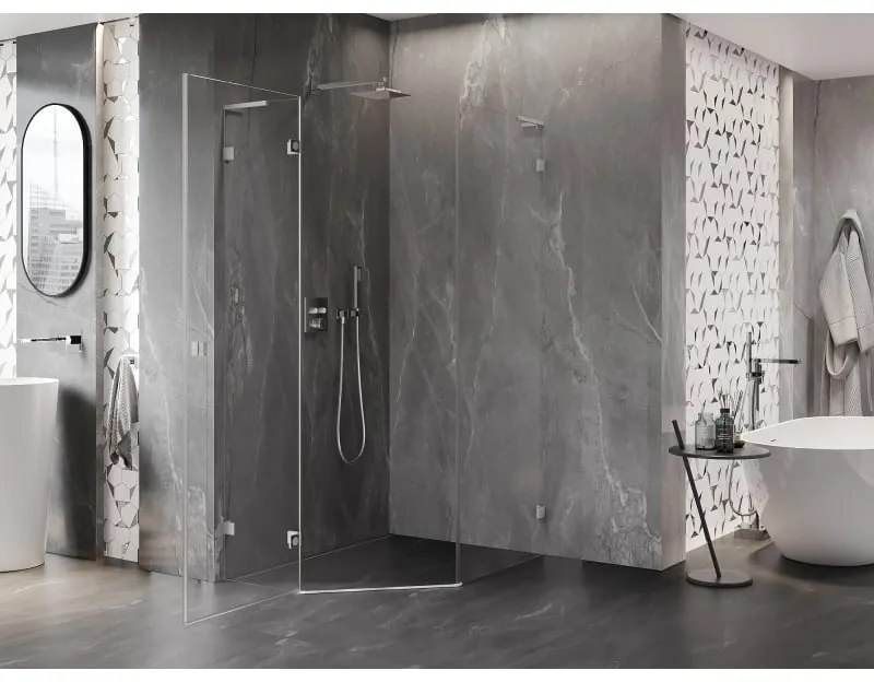 Mexen Lunar, L päťuholníkový sprchový kút naklápací doľava 80 x 90 cm, 8mm číre sklo, oceľový profil, 831L-080L-090P-97-00-L