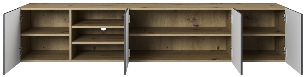 Závesná TV skrinka Asha 200 cm s ryhovaným čelom a výklenkom - dub artisan / rivier stone mat