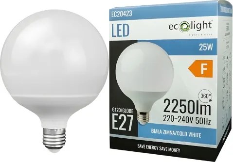 LED žiarovka E27 25W 2250lm 6500K Veľká guľa Silné studené svetlo GLOBE G120