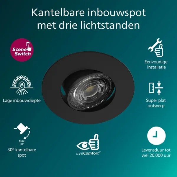 Philips – sada 3 ks stmievateľných podhľadových svietidiel CILANTRO LED, 5 W, 230 V, 2700 K, čierna