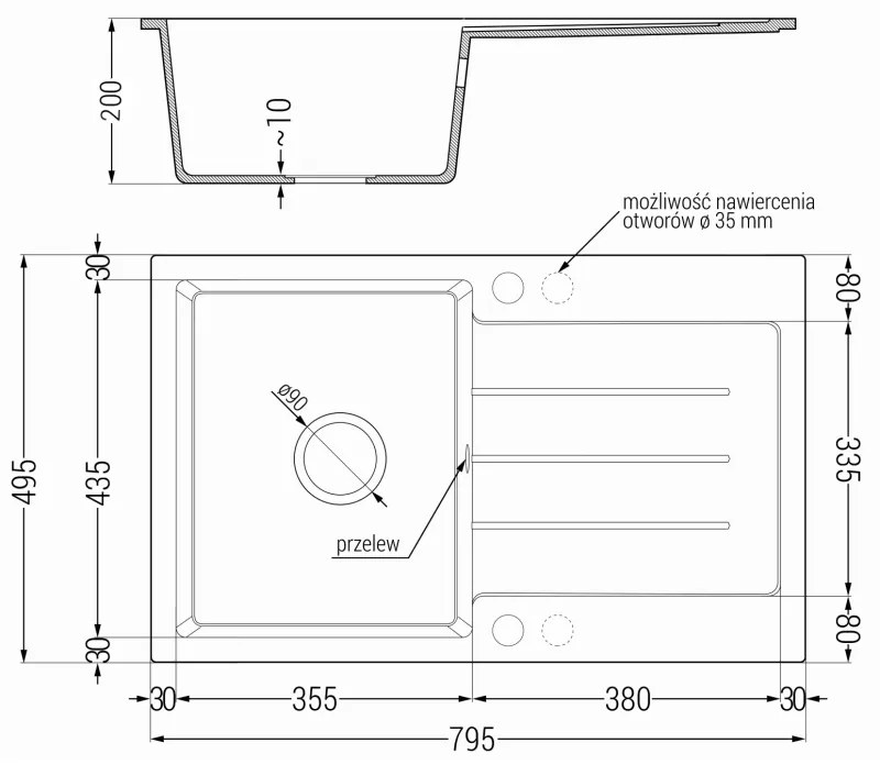 Mexen Bruno, granitový drez 795x495x200 mm, 1-komorový a drezová batéria Carla, čierna-zlatá metalíza, 6513-75-670700-50-B