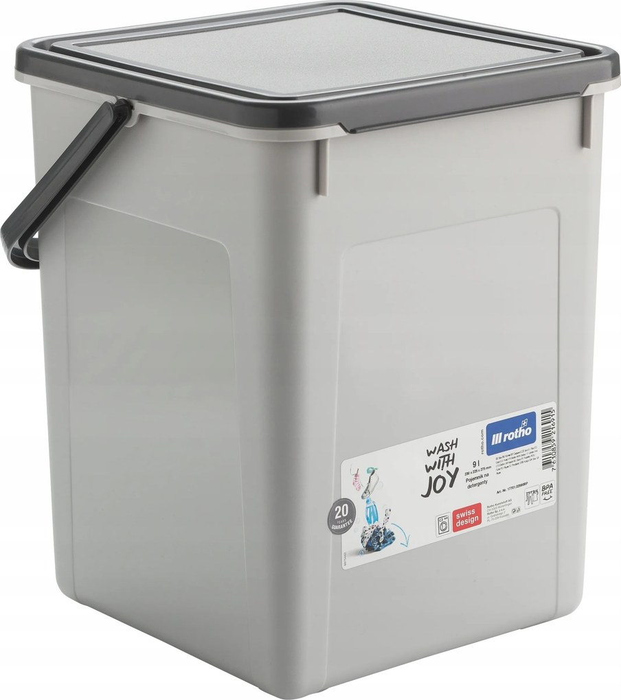 Rotho 2. akosť - Nádoba na prací prášok, granule alebo bioodpad – 9 l DETERGENT sivý (biele viečko)