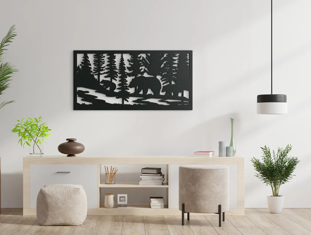 drevko Drevený obraz Medvede v lese Rozmer obrazu: 22 x 44,5 cm, Farba dekorácie: Čierna