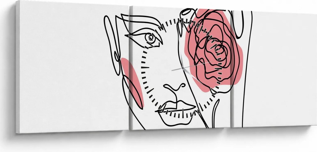 Obraz - Line art tvár s ružou (s hodinami) (90x30 cm)