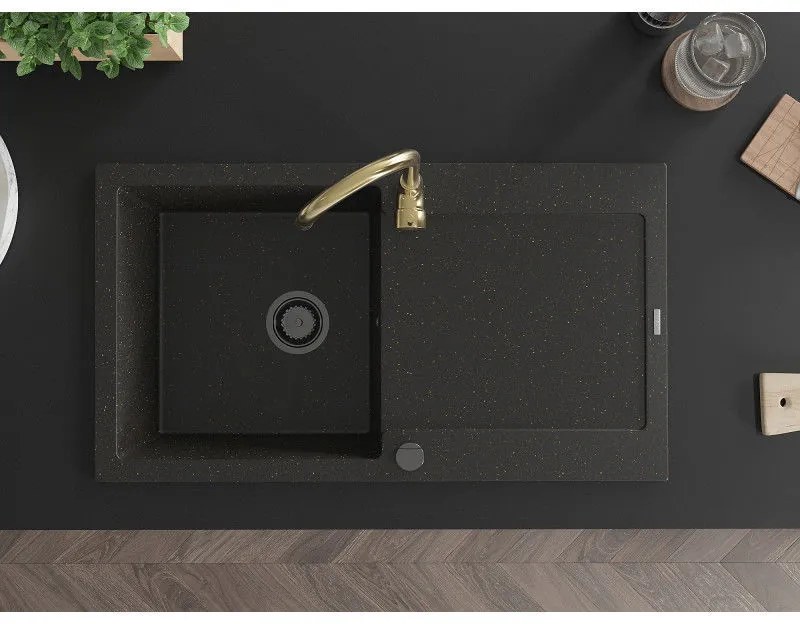 Mexen Leo, drez granitový 900x500x190 mm, 1-komorový a zlatá batéria Telma, čierna-zlatá metalíza, 6501-75-670200-50-B
