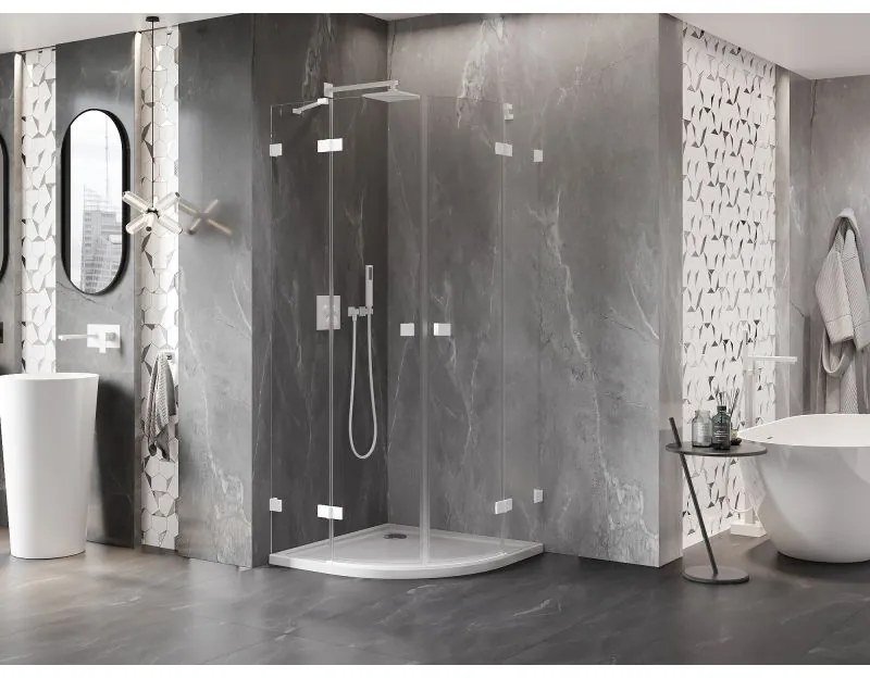 Mexen Lunar, polkruhový výklopný sprchový kút 90 x 90 cm, 8mm číre sklo, biely profil, 833-090L-090P-20-00