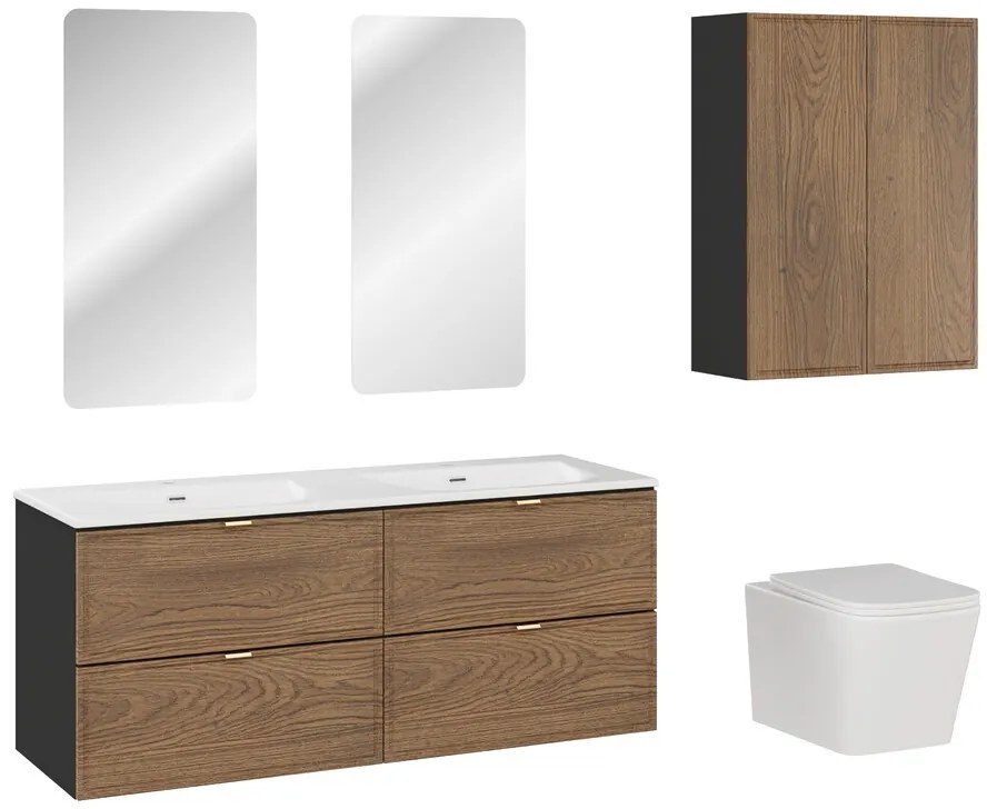 Kúpeľňová zostava Talia Casella so zápustnými umývadlami, skrinkami, zrkadlom a toaletou 120 cm čierna mat/dub castella
