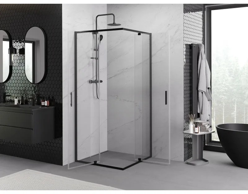 Mexen Exo, 2-krídlový sprchovací kút 80 x 80 cm, 6mm číre sklo, čierny profil, 8110-080-080-70-00