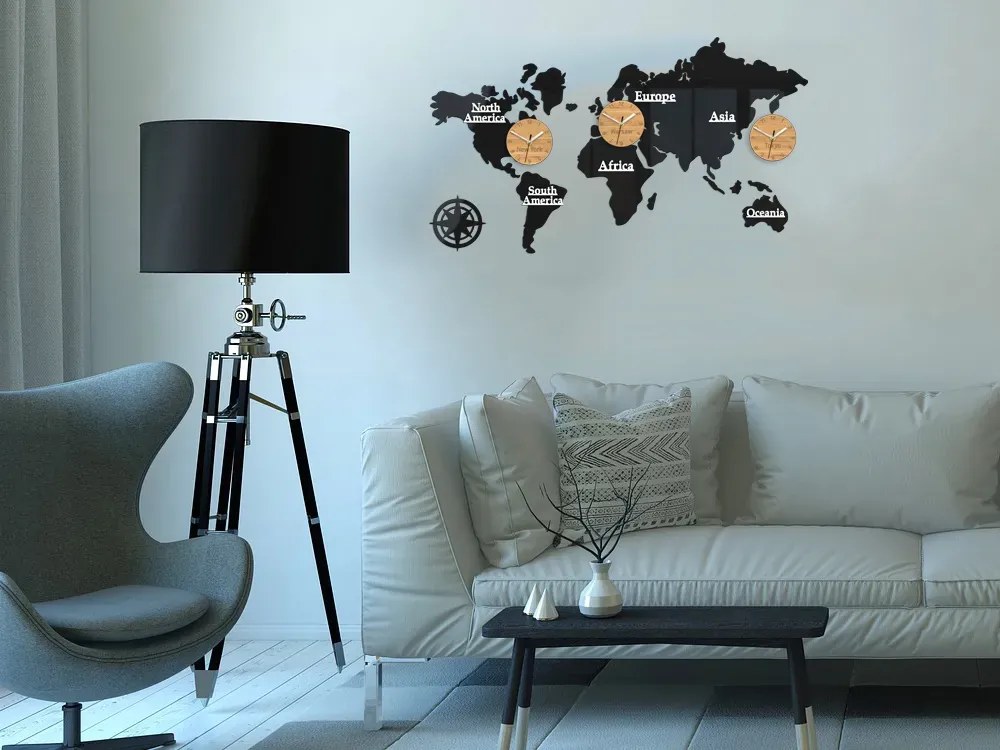 Nástenné samolepiace hodiny Časové zóny 100x56 cm čierne/hnedé